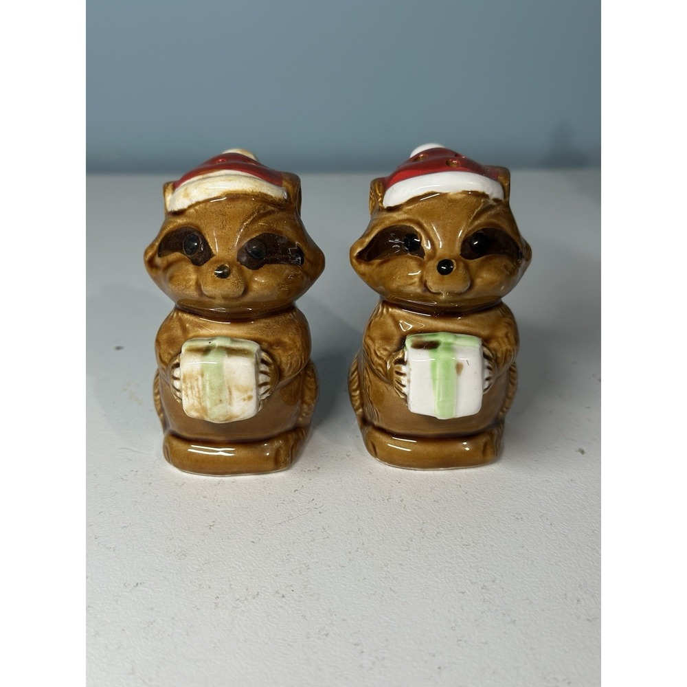 Vintage Set Of Christmas Racoon Salt & Pepper Shakers Holding Presents Japan